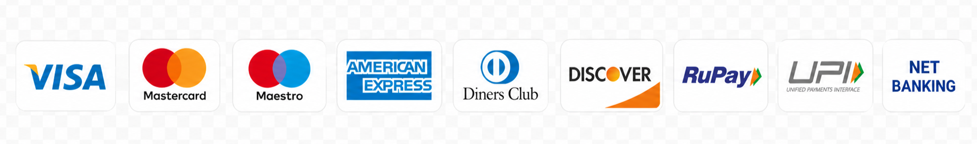 We accept Visa, Mastercard, Maestro, American Express, Diners Club, Discover, RuPay, UPI and Net Banking